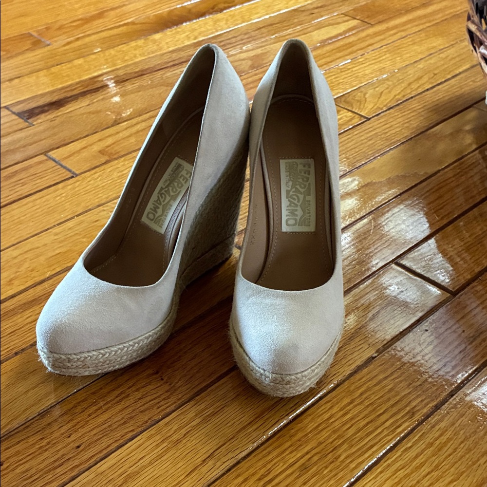 Salvatore Ferragamo Cream Suede Espadrille Wedge Pumps
